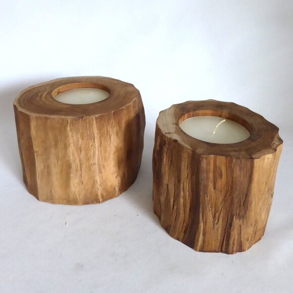 NEW 4.25” x 6" BARKLESS TREE SOLID WOOD LOG RUSTIC CABIN CANDLE HOLDERS - Picture 1 of 8